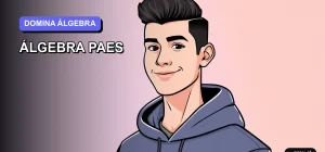 Ilustración plana y moderna de un estudiante universitario sonriendo con confianza, listo para dominar el temario de álgebra de la PAES. Fondo con gradiente suave en tonos lavanda.