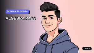 Ilustración plana y moderna de un estudiante universitario sonriendo con confianza, listo para dominar el temario de álgebra de la PAES. Fondo con gradiente suave en tonos lavanda.
