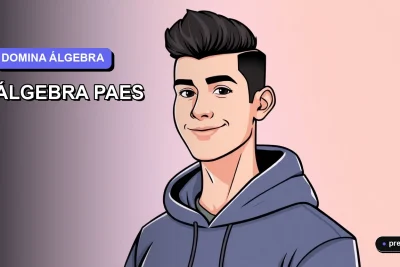 Ilustración plana y moderna de un estudiante universitario sonriendo con confianza, listo para dominar el temario de álgebra de la PAES. Fondo con gradiente suave en tonos lavanda.