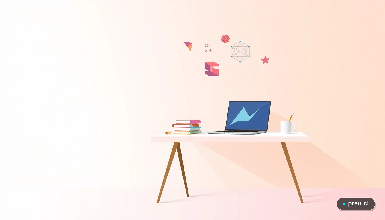 Ilustración vectorial plana de un escritorio de estudio moderno y ordenado, con laptop, cuadernos y símbolos matemáticos flotantes, sobre un fondo de gradiente verde menta. Representa un espacio de estudio ideal y enfocado para dominar los ejercicios de la PAES M2.