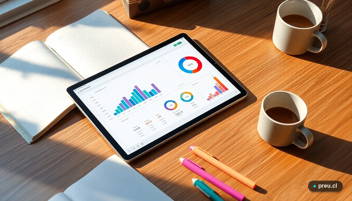 Estudio organizado para la PAES: tablet con gráficos de progreso, cuadernos y útiles en un escritorio iluminado con luz natural.