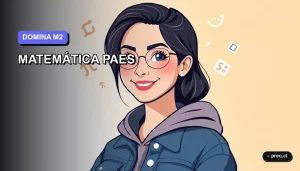 Ilustración plana y moderna de un estudiante universitario sonriendo y seguro, junto a símbolos matemáticos flotantes, sobre un fondo de gradiente lila suave. Representa el éxito y la confianza para preparar la PAES de Matemática M2.