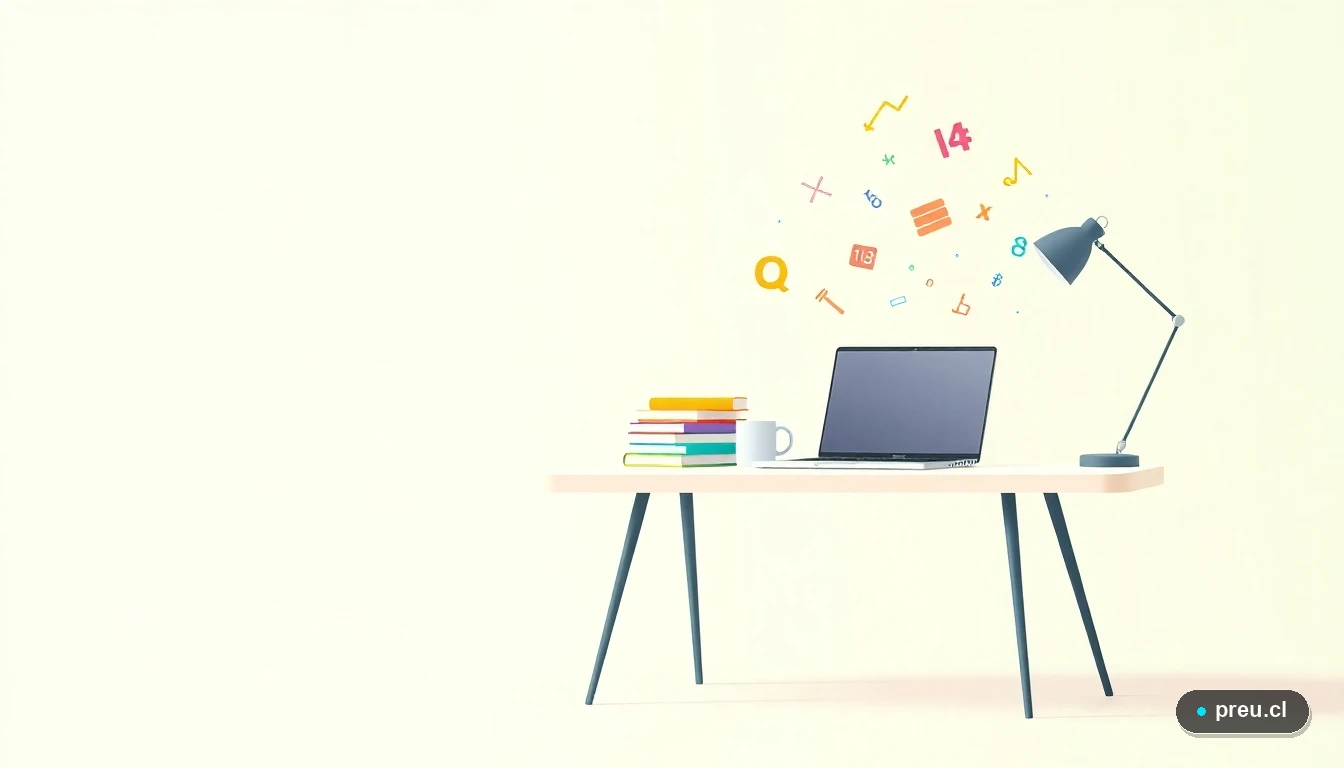 Escritorio de estudio moderno y minimalista con una laptop, cuadernos de colores y símbolos matemáticos flotantes, representando una sesión de práctica para la PAES. Fondo con gradiente suave de menta.