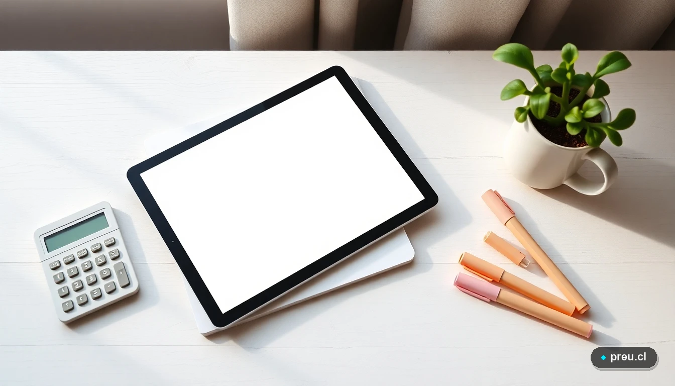 Escritorio de estudio minimalista con una calculadora científica y una tablet, listo para practicar matemáticas.