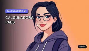 Ilustración plana y moderna de una estudiante universitaria sonriente y segura, junto a una calculadora científica. Fondo con gradiente suave de color lavanda, ideal para jóvenes que se preparan para la PAES de Matemática.