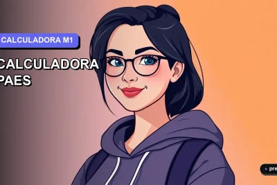 Ilustración plana y moderna de una estudiante universitaria sonriente y segura, junto a una calculadora científica. Fondo con gradiente suave de color lavanda, ideal para jóvenes que se preparan para la PAES de Matemática.