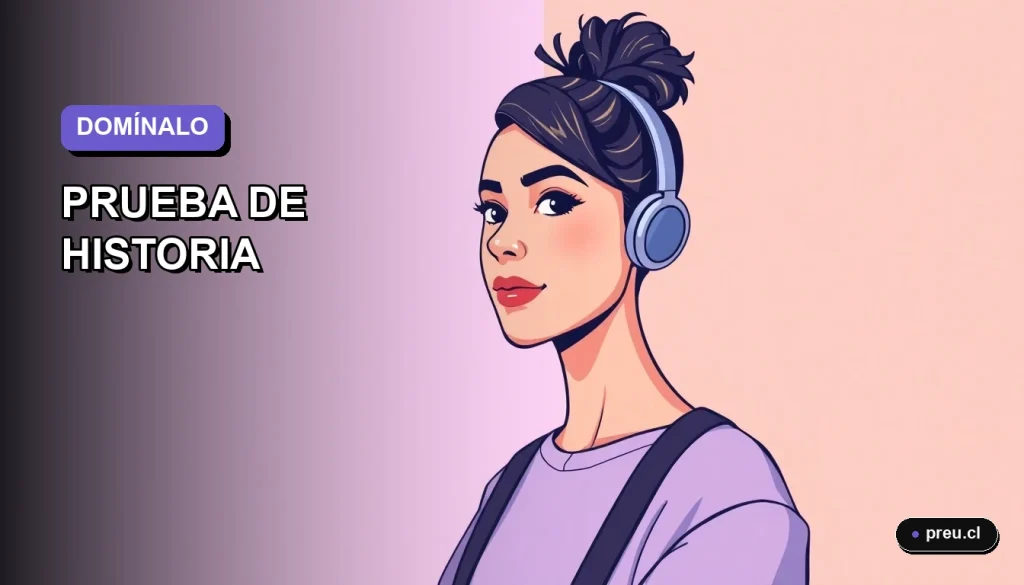 Ilustración plana y moderna de una estudiante universitaria sonriendo con confianza, lista para dominar su examen de historia. Fondo con gradiente suave en tonos lavanda, diseño asimétrico y minimalista.