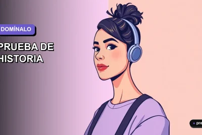 Ilustración plana y moderna de una estudiante universitaria sonriendo con confianza, lista para dominar su examen de historia. Fondo con gradiente suave en tonos lavanda, diseño asimétrico y minimalista.