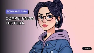 Ilustración plana y moderna de una estudiante universitaria sonriente y segura, lista para dominar su prueba de competencia lectora. Fondo con gradiente suave de color lavanda, estilo minimalista y juvenil.