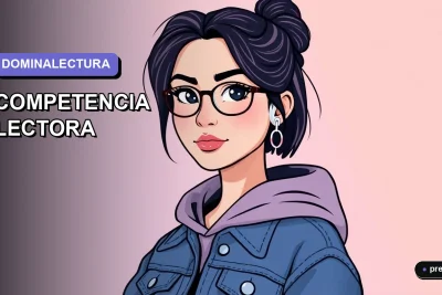 Ilustración plana y moderna de una estudiante universitaria sonriente y segura, lista para dominar su prueba de competencia lectora. Fondo con gradiente suave de color lavanda, estilo minimalista y juvenil.