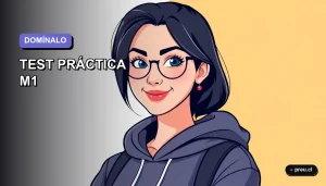 Ilustración plana y moderna de una estudiante universitaria sonriendo con confianza, lista para dominar su examen de práctica. Fondo con gradiente suave en tonos lavanda, estilo educativo juvenil y motivador.