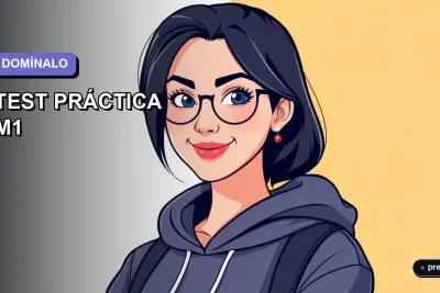 Ilustración plana y moderna de una estudiante universitaria sonriendo con confianza, lista para dominar su examen de práctica. Fondo con gradiente suave en tonos lavanda, estilo educativo juvenil y motivador.