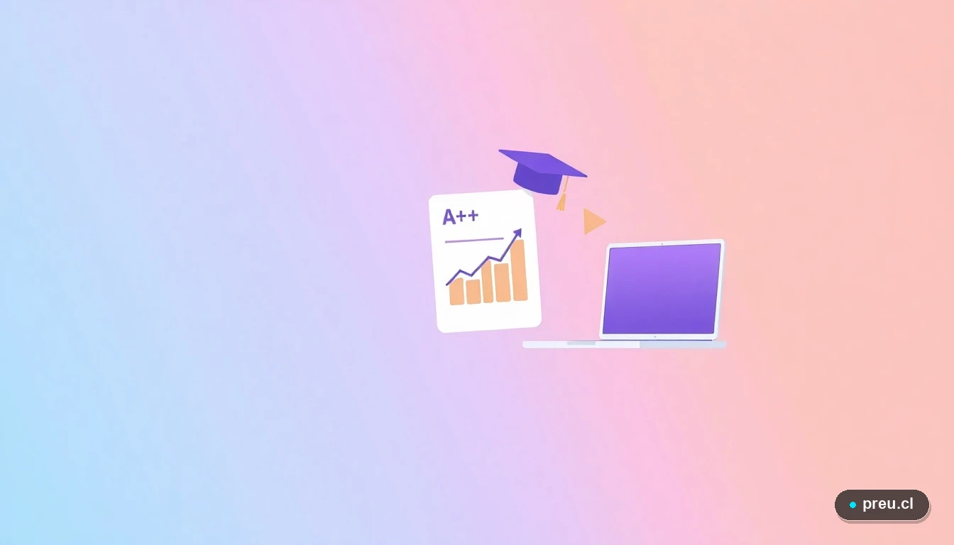 Elementos gráficos abstractos que simbolizan éxito académico: un papel de examen con nota máxima, un gorro de graduación y un gráfico de progreso, sobre un fondo de color menta. Representa los logros y el crecimiento profesional.