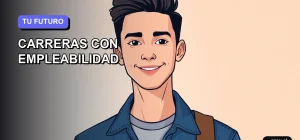 Ilustración plana y moderna de un estudiante universitario sonriendo, con un fondo de gradiente azul y violeta. Representa la confianza y claridad al elegir una carrera con alta empleabilidad en Chile.