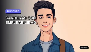 Ilustración plana y moderna de un estudiante universitario sonriendo, con un fondo de gradiente azul y violeta. Representa la confianza y claridad al elegir una carrera con alta empleabilidad en Chile.