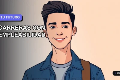 Ilustración plana y moderna de un estudiante universitario sonriendo, con un fondo de gradiente azul y violeta. Representa la confianza y claridad al elegir una carrera con alta empleabilidad en Chile.