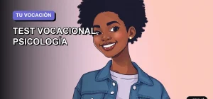 Ilustración plana y moderna de una joven universitaria sonriente, con estilo de pelo afro y chaqueta denim, sobre un fondo de gradiente suave lavanda. La imagen transmite descubrimiento y motivación para explorar carreras profesionales.