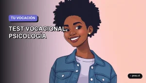 Ilustración plana y moderna de una joven universitaria sonriente, con estilo de pelo afro y chaqueta denim, sobre un fondo de gradiente suave lavanda. La imagen transmite descubrimiento y motivación para explorar carreras profesionales.