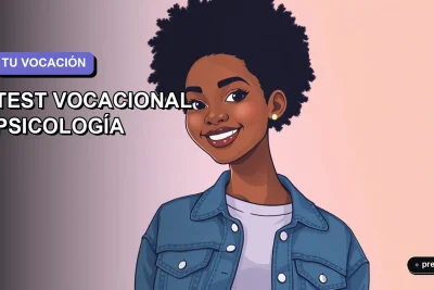 Ilustración plana y moderna de una joven universitaria sonriente, con estilo de pelo afro y chaqueta denim, sobre un fondo de gradiente suave lavanda. La imagen transmite descubrimiento y motivación para explorar carreras profesionales.