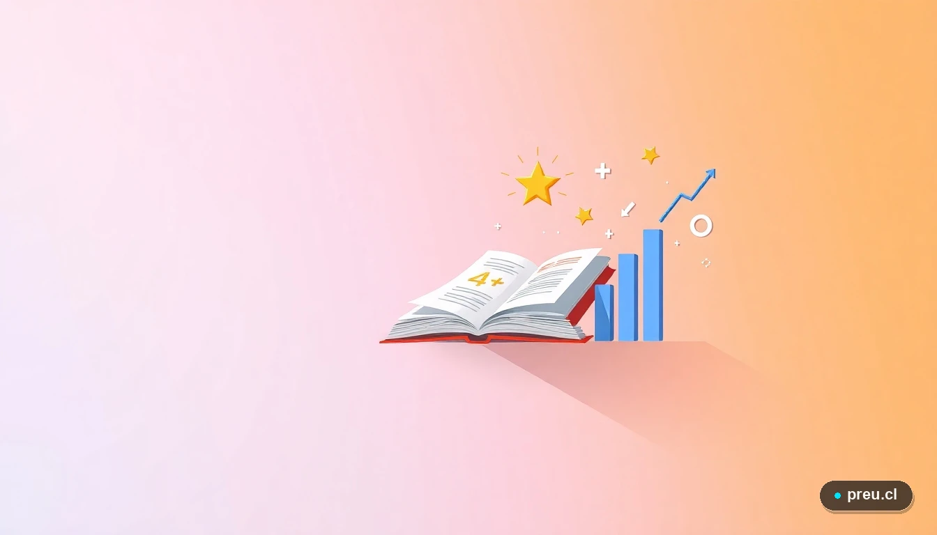 Composición abstracta de iconos planos y modernos sobre un fondo refrescante: un libro abierto con una idea, una estrella de nota máxima A+, un gráfico de progreso ascendente y símbolos flotantes. Representa el éxito y la mejora en las técnicas de estudio y lectura.