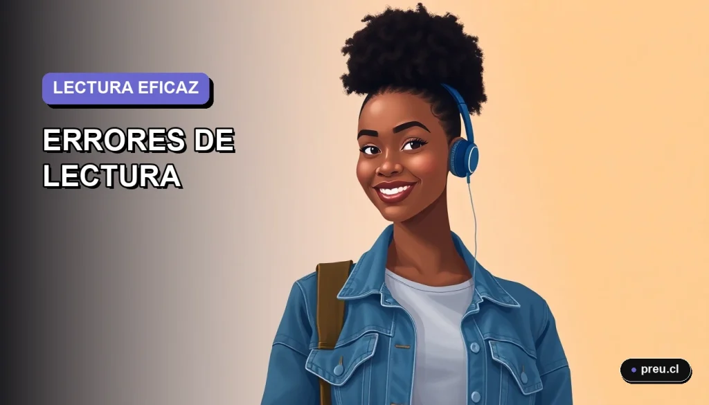 Ilustración plana y moderna de una joven universitaria sonriente, con estilo de pelo afro y chaqueta denim, sobre un fondo lila suave. Representa a una estudiante segura que domina la lectura comprensiva, lista para aprender a evitar errores comunes.