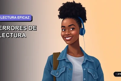 Ilustración plana y moderna de una joven universitaria sonriente, con estilo de pelo afro y chaqueta denim, sobre un fondo lila suave. Representa a una estudiante segura que domina la lectura comprensiva, lista para aprender a evitar errores comunes.