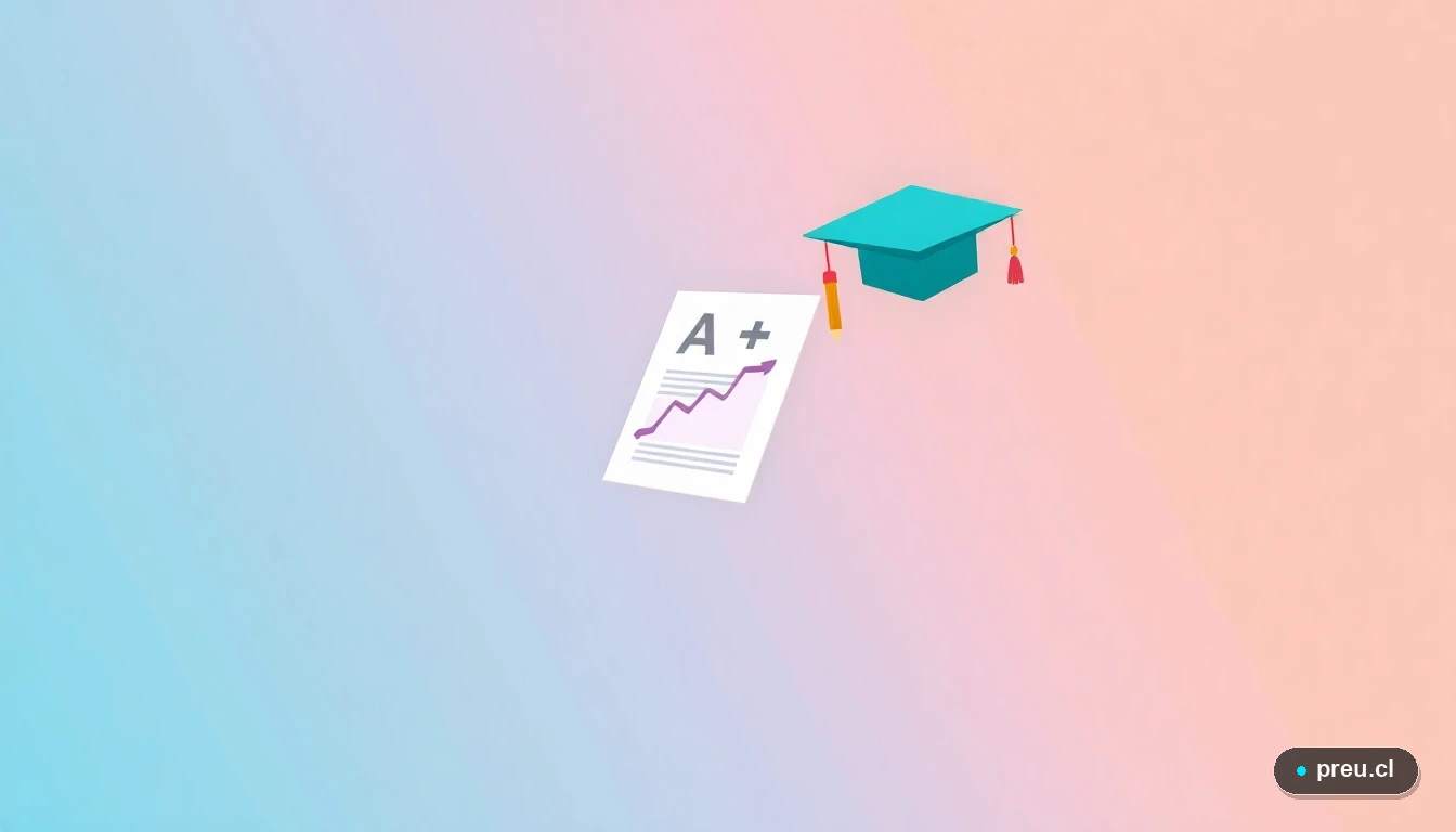 Elementos gráficos abstractos y coloridos que representan el éxito académico: un capelo de graduación, una nota máxima A+, un gráfico de progreso y un lápiz, explicando visualmente los beneficios de la educación superior.