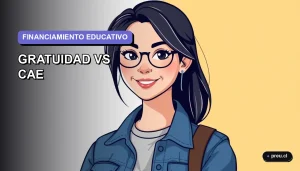Ilustración plana y moderna de una estudiante universitaria feliz, con estilo vectorial colorido, explicando de manera simple y amigable las diferencias clave entre la Gratuidad y el CAE para jóvenes chilenos.