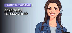 Ilustración plana y moderna de una estudiante universitaria sonriente, con un estilo fresco y juvenil, sobre un fondo de gradiente suave. Representa el acceso fácil y amigable a toda la información sobre beneficios para estudiantes.