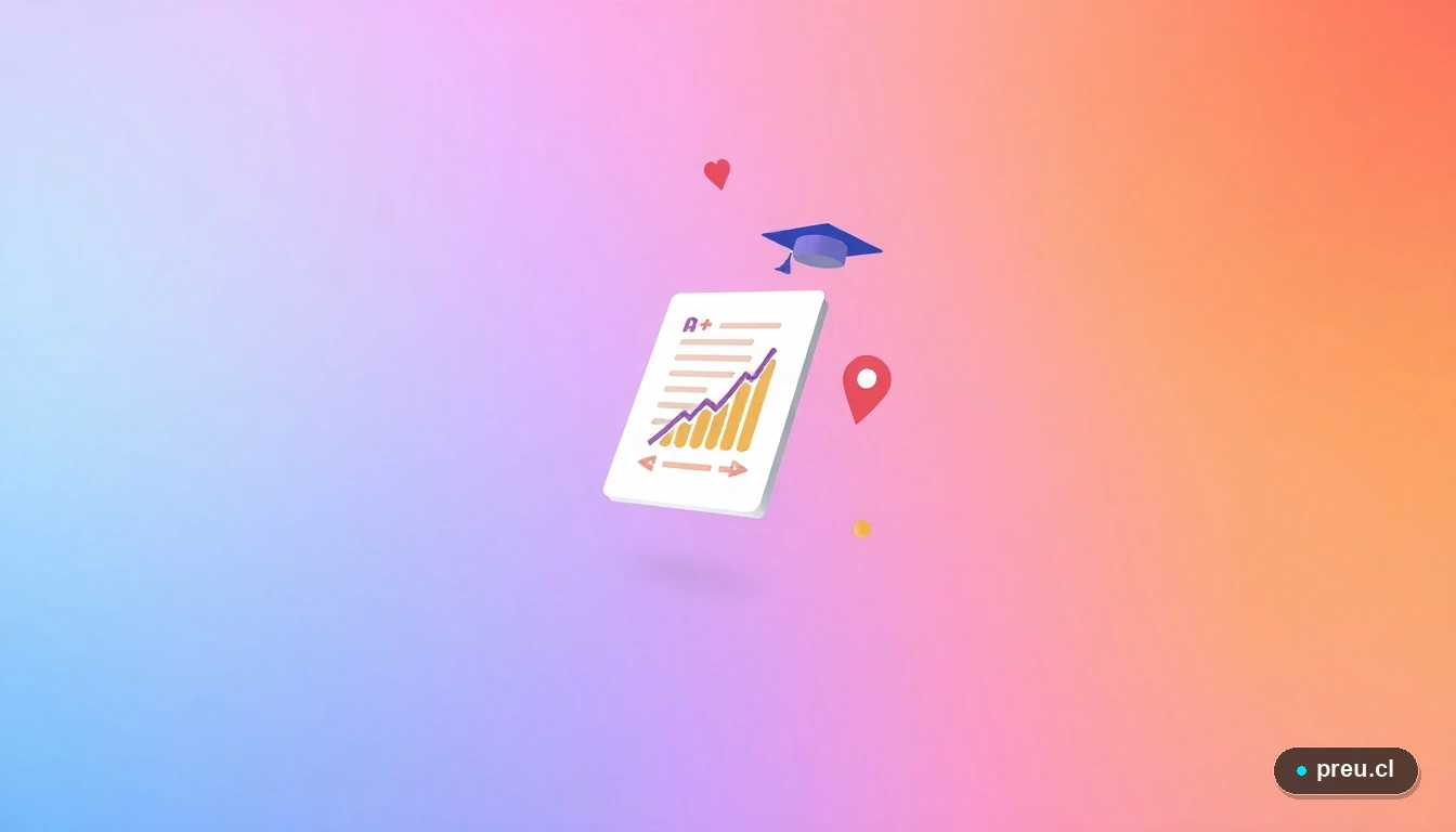 Ilustración abstracta de elementos académicos como un certificado con A+, un capelo de graduación y un gráfico de progreso, sobre un fondo lila. Representa el éxito y la organización en el proceso de postulación a becas.