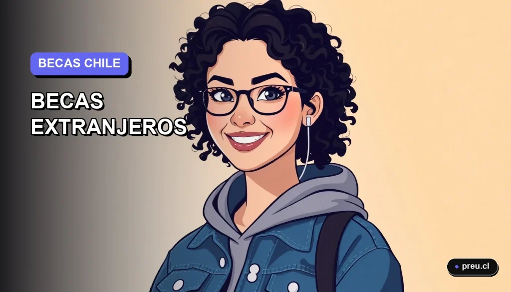 Ilustración plana y moderna de una estudiante universitaria sonriente, con un fondo de gradiente azul y violeta, representando la oportunidad de postular a becas en Chile. Ideal para jóvenes que buscan estudiar en el extranjero.