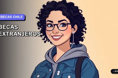 Ilustración plana y moderna de una estudiante universitaria sonriente, con un fondo de gradiente azul y violeta, representando la oportunidad de postular a becas en Chile. Ideal para jóvenes que buscan estudiar en el extranjero.