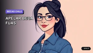 Ilustración plana y moderna de una estudiante universitaria sonriente y segura, con un fondo de gradiente lavanda suave. Representa la confianza para apelar y conseguir la beca, pensada para jóvenes chilenos.