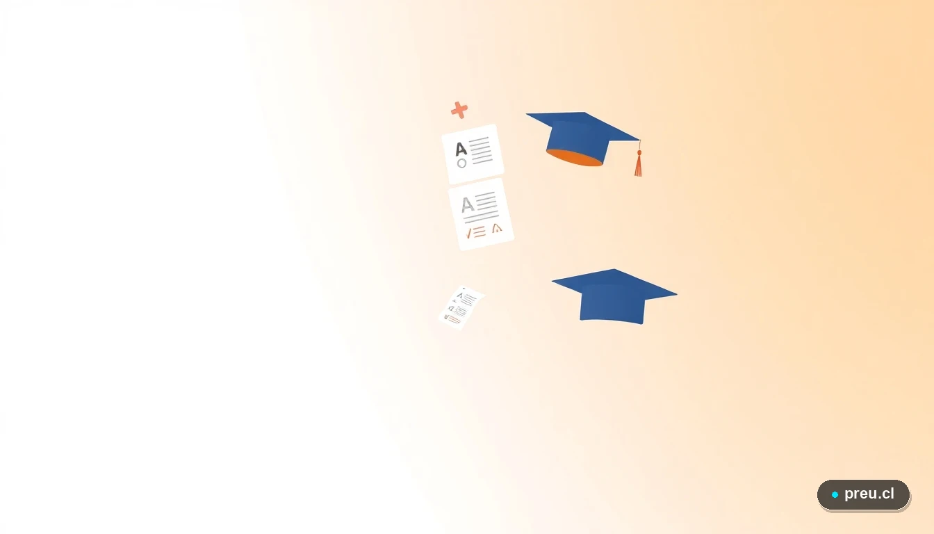 Ilustración abstracta de elementos académicos: papeles de examen con nota máxima, un gorro de graduación y gráficos de progreso, en un estilo plano y colorido sobre un fondo degradado melocotón. Simboliza el éxito y el avance en la educación superior.