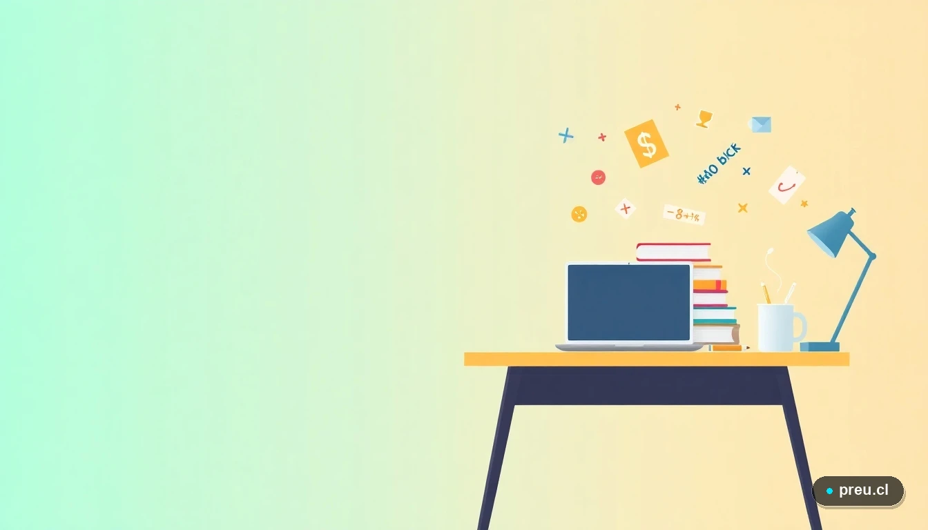 Ilustración vectorial plana de un escritorio de estudio moderno y minimalista, con un laptop, cuadernos de colores y símbolos matemáticos flotantes, sobre un fondo de gradiente fresco teal. Representa la organización y el aprendizaje claro necesario para planificar tu futuro educativo.