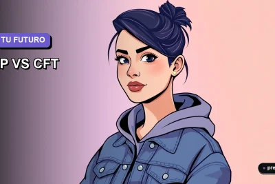 Ilustración plana y moderna de una joven universitaria sonriente, con estilo de dibujo vectorial corporativo, sobre un fondo de gradiente suave lavanda. Representa a una estudiante segura y enfocada, lista para tomar decisiones sobre su educación superior.