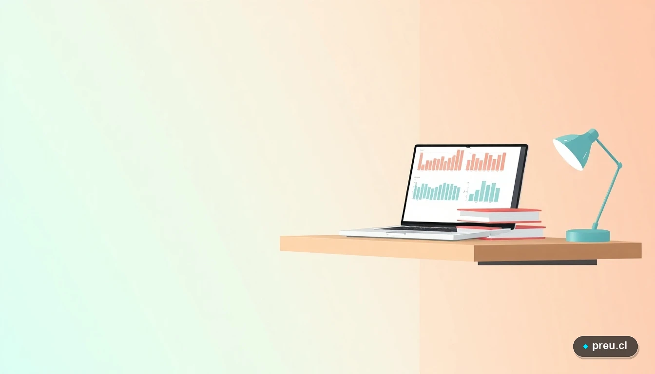 Escritorio de estudio moderno y minimalista con laptop, cuadernos y símbolos matemáticos flotantes, representando el ambiente de aprendizaje y desarrollo de habilidades técnicas. Diseño plano con colores frescos, ideal para carreras técnicas y profesionales.