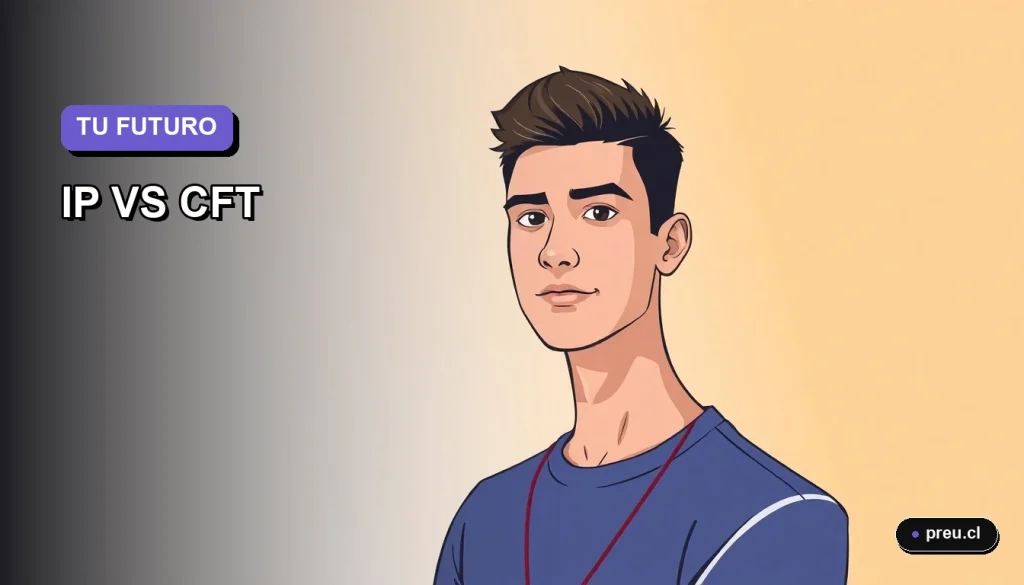 Ilustración plana y moderna de un estudiante universitario, con expresión confiada, mirando hacia su futuro profesional. El diseño minimalista y el espacio vacío a la izquierda simbolizan las oportunidades por descubrir al elegir entre un Instituto Profesional y un Centro de Formación Técnica en Chile.