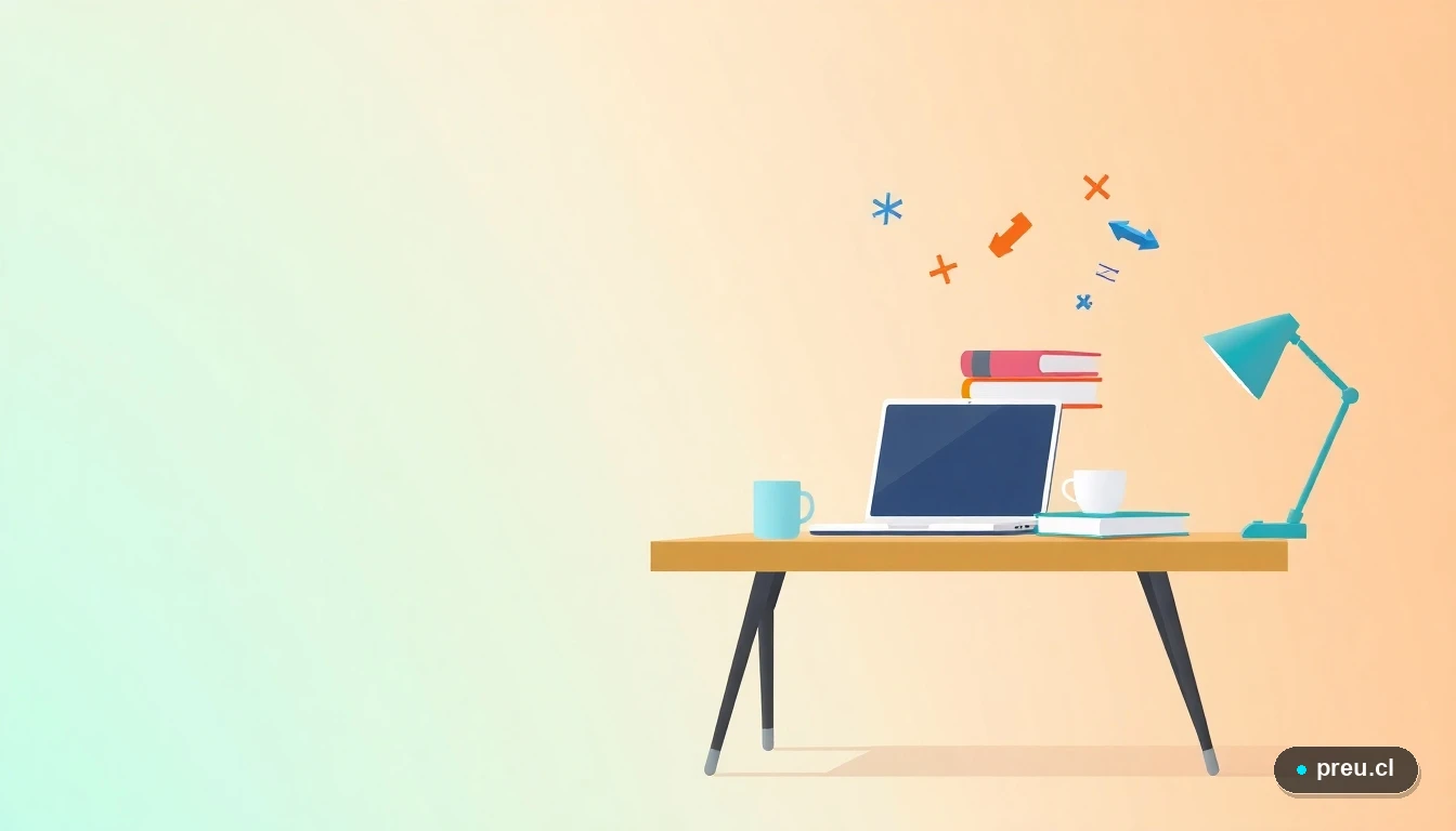 Escritorio de estudio moderno y minimalista con laptop, cuadernos y símbolos matemáticos flotantes, en estilo de ilustración vectorial plana. Representa el ambiente de aprendizaje práctico y enfocado.