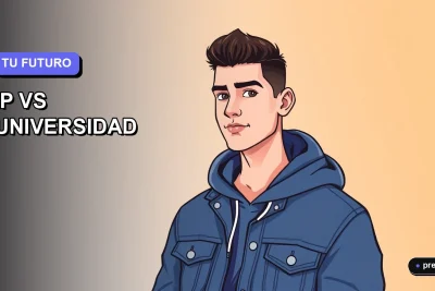 Ilustración plana y moderna de un joven universitario sonriente, con estilo de dibujo vectorial corporativo, sobre un fondo de gradiente suave. Representa la confianza de elegir tu camino educativo ideal.