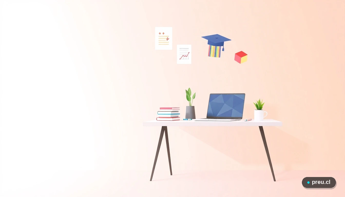 Escritorio de estudio moderno y minimalista con laptop, cuadernos y símbolos académicos flotantes, sobre un fondo de gradiente suave. Representa la preparación y el éxito en la elección entre las pruebas M1 y M2 de la PAES.