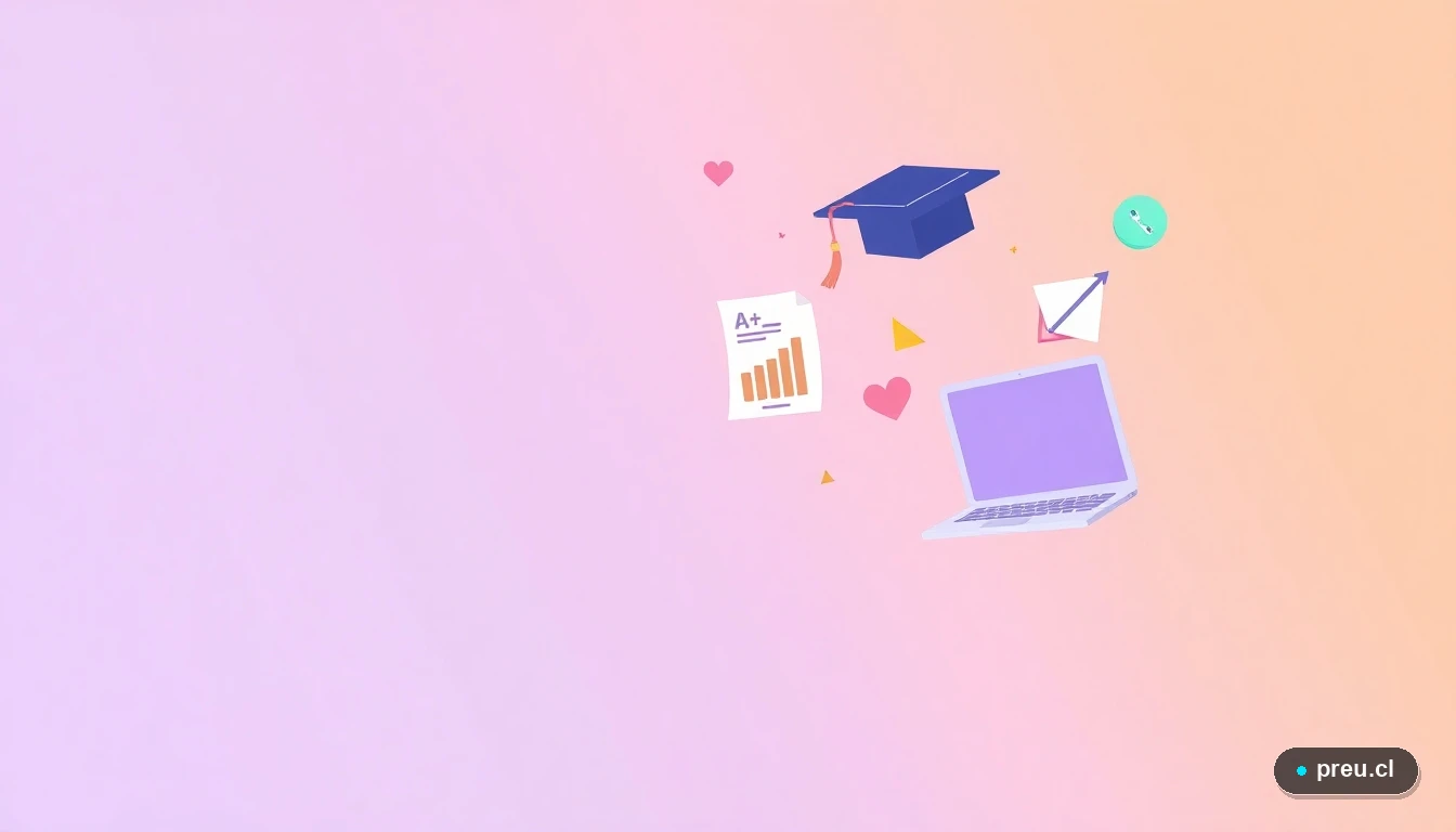 Ilustración vectorial abstracta con elementos académicos: un birrete de graduación, un documento con nota máxima, un gráfico de progreso y un laptop, sobre un fondo de gradiente verde menta, simbolizando logro y preparación profesional.