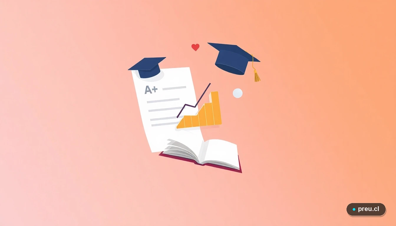 Composición abstracta de elementos académicos en estilo de ilustración plana: un papel de examen con nota máxima, un gráfico de progreso y un libro abierto, sobre un fondo degradado melocotón. Representa el éxito y la organización en el camino universitario.