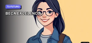 Ilustración plana y moderna de una estudiante universitaria sonriente, con estilo de dibujo vectorial corporativo, sobre un fondo degradado lila suave. La imagen transmite motivación y enfoque académico, perfecta para jóvenes que buscan postular a becas en Chile.