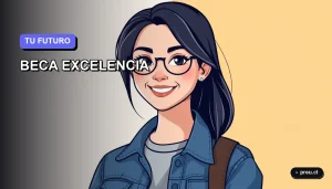 Ilustración plana y moderna de una estudiante universitaria sonriente, con estilo de dibujo vectorial corporativo, sobre un fondo degradado lila suave. La imagen transmite motivación y enfoque académico, perfecta para jóvenes que buscan postular a becas en Chile.