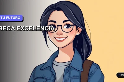Ilustración plana y moderna de una estudiante universitaria sonriente, con estilo de dibujo vectorial corporativo, sobre un fondo degradado lila suave. La imagen transmite motivación y enfoque académico, perfecta para jóvenes que buscan postular a becas en Chile.