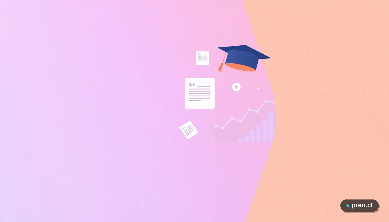 Elementos gráficos abstractos de éxito académico: papeles de examen con nota máxima, un capelo de graduación y un gráfico de progreso ascendente. Representación visual y motivadora del logro educativo, con diseño plano y colores vibrantes.
