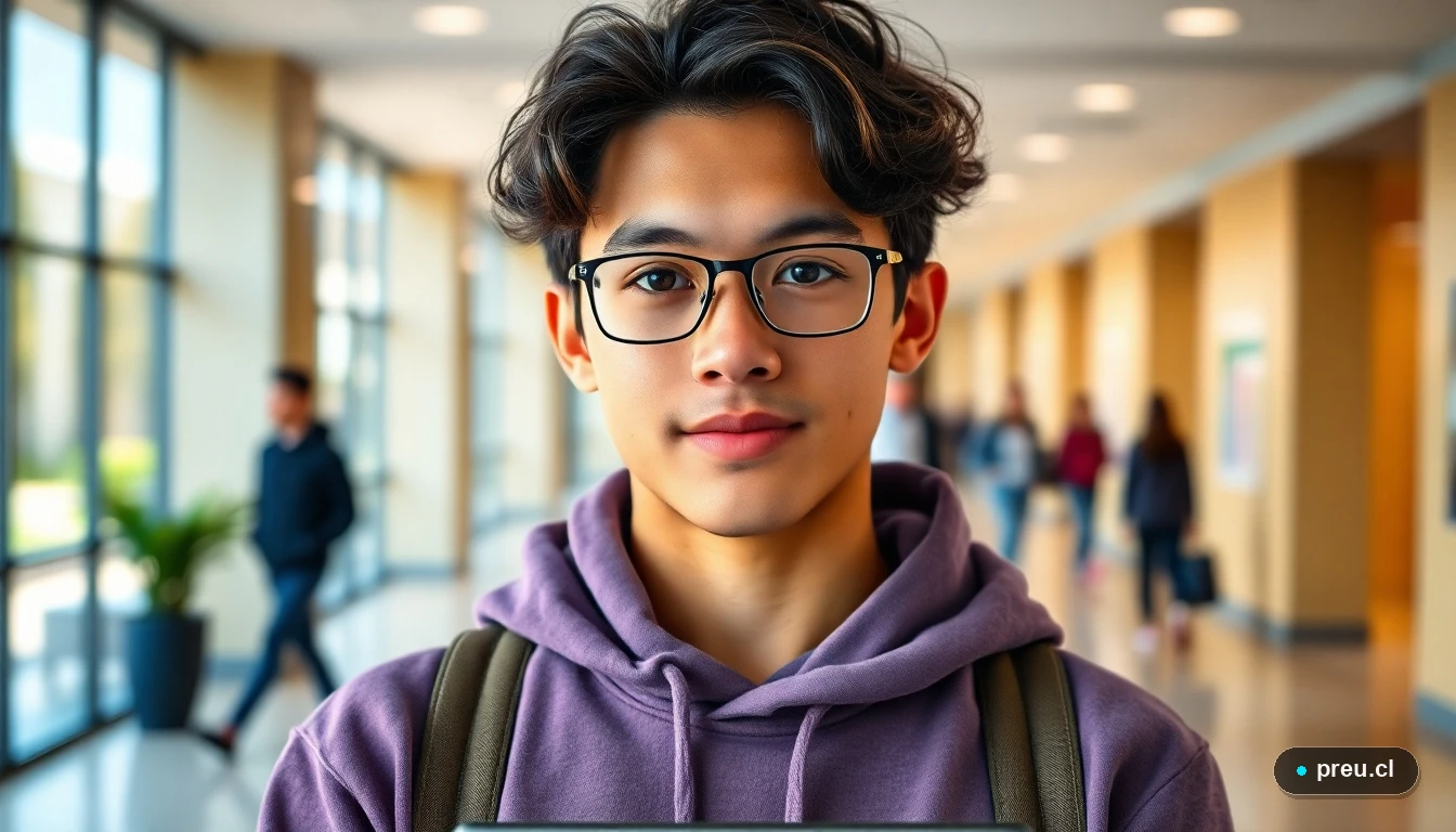 Joven estudiante sonriendo con confianza en un campus universitario moderno, representando el éxito al postular a la gratuidad.
