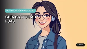 Ilustración plana y moderna de un estudiante joven con expresión optimista, junto a una guía paso a paso para postular a la gratuidad. Fondo con gradiente suave de color aguamarina, diseño minimalista y educativo.