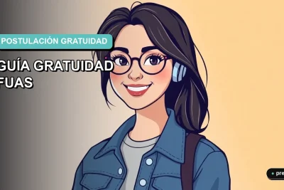 Ilustración plana y moderna de un estudiante joven con expresión optimista, junto a una guía paso a paso para postular a la gratuidad. Fondo con gradiente suave de color aguamarina, diseño minimalista y educativo.